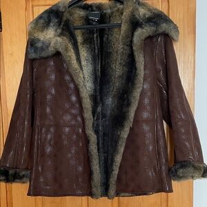 S-M.  Hilary Radley   Chocolate Teddy Suede Jacket with Faux Fur Trim